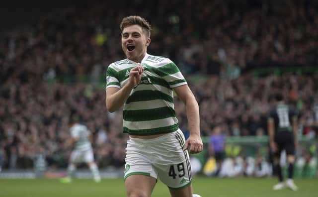 James Forrest celebrates after scoring to make it 4-1 Celtic - his 100th goal for the club.