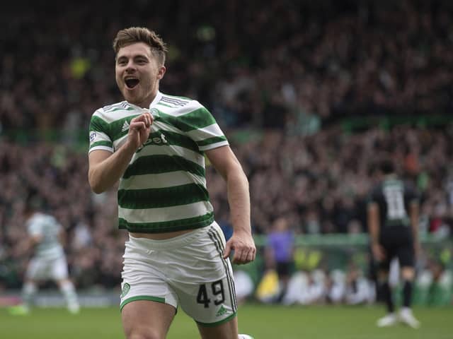 James Forrest celebrates after scoring to make it 4-1 Celtic - his 100th goal for the club.