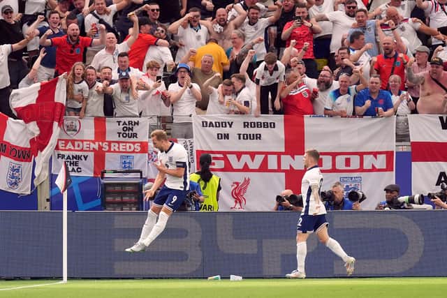 Harry Kane celebrates one of his goals at Euro 2024. Cr: Martin Rickett