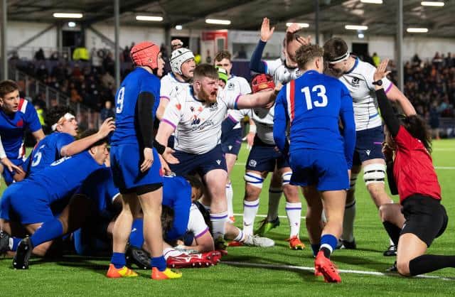 Callum Norrie scores a second half try for Scotland during a Six Nations Under-20 Championship match between Scotland and France at the DAM Health Stadium, on February 25, 2022, in Edinburgh, Scotland. (Photo by Ross Parker / SNS Group)