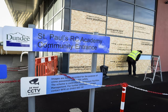 Police were called in after a group of youths blocked roads in Dundee with bonfires and hurled fireworks in the street. St Paul's RC Academy suffered damage with windows smashed in. Picture, Lisa Ferguson