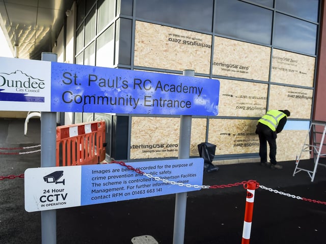 Police were called in after a group of youths blocked roads in Dundee with bonfires and hurled fireworks in the street. St Paul's RC Academy suffered damage with windows smashed in. Picture, Lisa Ferguson