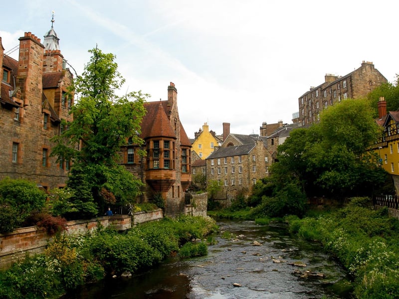 Dean Village on the banks of the Water of Leith boasts a number of buildings dressed in red sandstone, including Well Court and the Hawthorn Buildings.