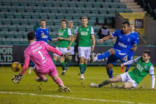 Alfredo Morelos mkes the breakthrough for Rangers at Easter Road as he guides a shot beyond Hibs goalkeeper Ofir Marciano. (Photo by Craig Williamson / SNS Group)