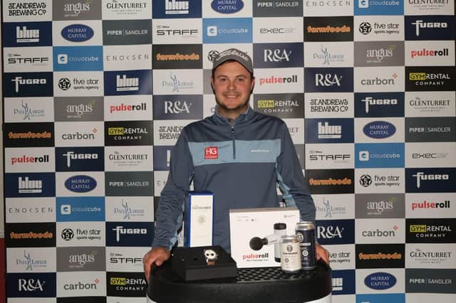 Jack McDonald shows off his prizes after winning the Panmure Masters presented by Piper Sandler. Picture: Tartan Pro Tour