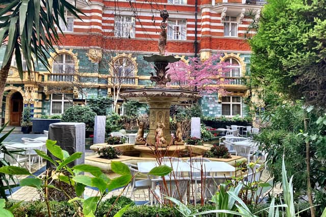 The courtyard fountain, said to have been giften by the then monarch, at Taj 51 Buckingham Gate Suites and Residences, London. Pic: Liam Rudden