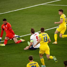Harry Kane opens the scoring for England against Ukraine.