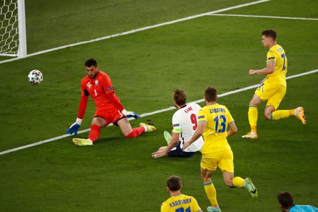 Harry Kane opens the scoring for England against Ukraine.