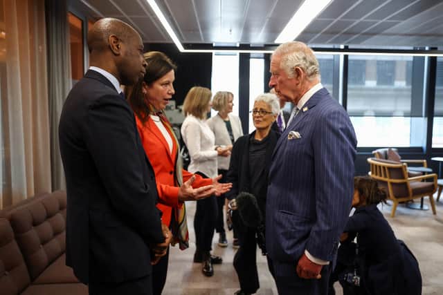 BBC journalists Clive Myrie and Lyse Doucet meet King Charles, then Prince of Wales, in April this year (Picture: Hannah McKay/WPA pool/Getty Images)