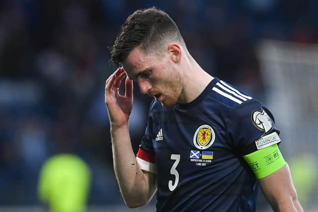 Scotland's Andy Robertson shows his dejection at full-time after the 3-1 defeat to Ukraine at Hampden.  (Photo by Craig Foy / SNS Group)