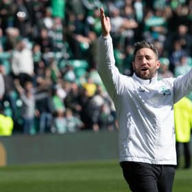 Hibs boss Lee Johnson celebrates after leading his side to their first win over rivals Hearts in ten matches.  (Photo by Paul Devlin / SNS Group)