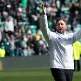Hibs boss Lee Johnson celebrates after leading his side to their first win over rivals Hearts in ten matches.  (Photo by Paul Devlin / SNS Group)