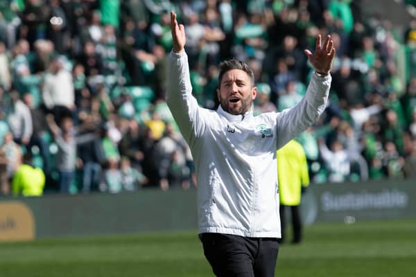 Hibs boss Lee Johnson celebrates after leading his side to their first win over rivals Hearts in ten matches.  (Photo by Paul Devlin / SNS Group)