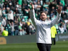Hibs boss Lee Johnson celebrates after leading his side to their first win over rivals Hearts in ten matches.  (Photo by Paul Devlin / SNS Group)
