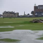 Rain floods the Old Course at St Andrews on Saturday morning, causing the Alfred Dunhill Links Championship to be disrupted. Picture: Richard Heathcote/Getty Images.