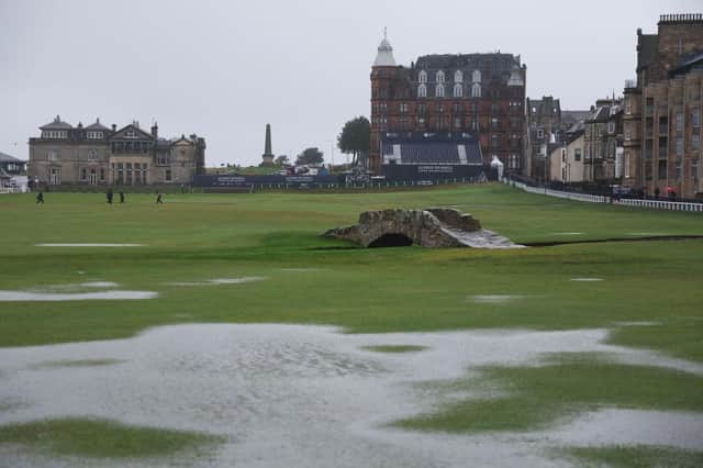 Rain floods the Old Course at St Andrews on Saturday morning, causing the Alfred Dunhill Links Championship to be disrupted. Picture: Richard Heathcote/Getty Images.
