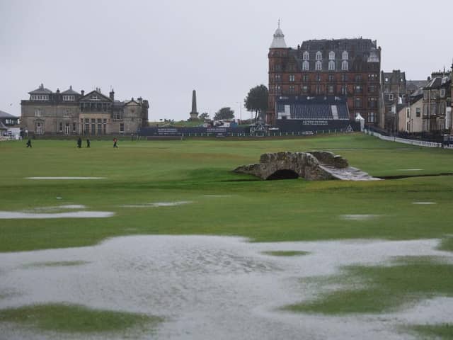 Rain floods the Old Course at St Andrews on Saturday morning, causing the Alfred Dunhill Links Championship to be disrupted. Picture: Richard Heathcote/Getty Images.