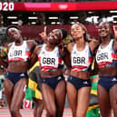 Asha Philip, Imani Lansiquot, Dina Asher-Smith and Daryll Neita celebrate winning bronze