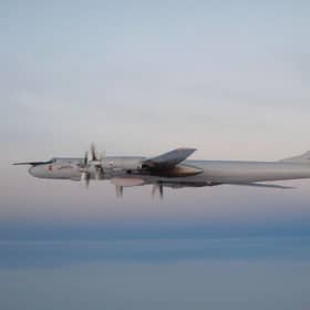 Ministry of Defence handout photo of one of two Russian Tupolev Tu-142 Bear F aircraft operating in international airspace near UK airspace that were intercepted by RAF Typhoons from RAF Lossiemouth.