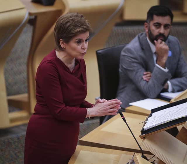 First Minster Nicola Sturgeon during First Minster's Questions in the debating chamber of the Scottish Parliament in Edinburgh.
