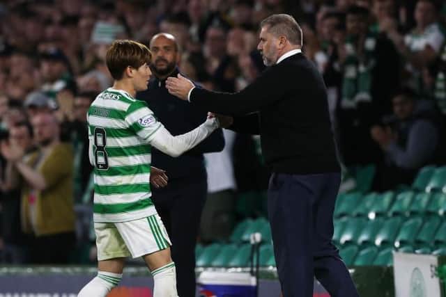 Celtic Manager Ange Postecoglu and Kyogo Furuhashi during a UEFA Europa League qualifier between Celtic and AZ Alkmaar. (Photo by Craig Williamson / SNS Group)