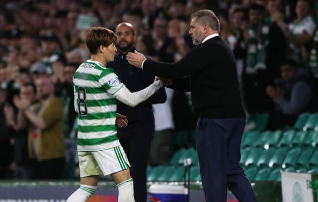Celtic Manager Ange Postecoglu  and Kyogo Furuhashi during a UEFA Europa League qualifier between Celtic and AZ Alkmaar. (Photo by Craig Williamson / SNS Group)