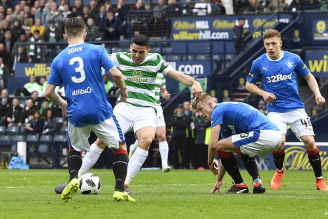 Tom Rogic opens the scoring for Celtic in the 4-0 win over Rangers in the Scottish Cup semi-final at Hampden in 2018.