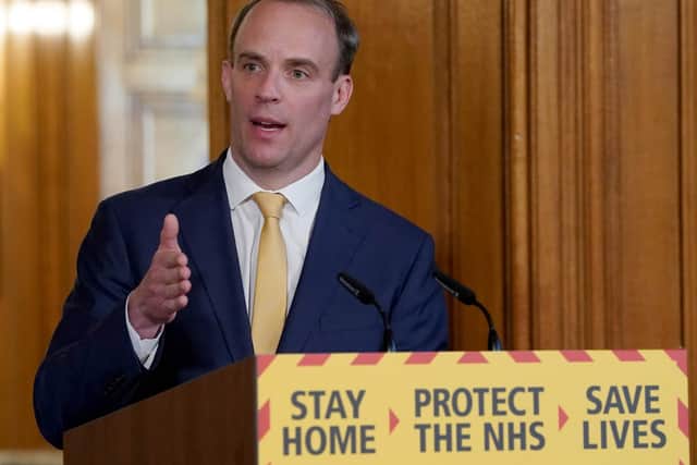 Foreign Secretary Dominic Raab during a media briefing in Downing Street on coronavirus