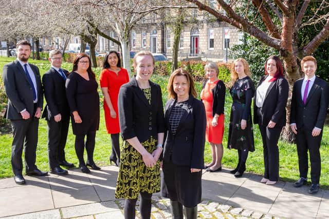 Staff promoted at Lindsays from April 1, 2022. Left to right: Tim Macdonald, Gregor MacEwan, Leanne Gordon, Nimarta Cheema, Kirsty Cooper, Vhari Selfridge, Ginny Lawson, Claire Hurst, Emma Conway, Adam Gardiner (and Lewis Crofts, not pictured)