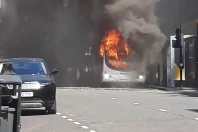 A First Glasgow bus on fire in Renfield Street in the city centre on Saturday 23 April