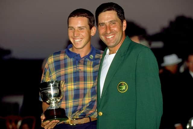 Jose Maria Olazabal celebrates his second Masters win in 1999, when fellow Spaniard Sergio Garcia claimed the prize for leading amateur. Picture: Stephen Munday /Allsport.
