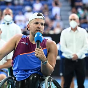 Dylan Alcott addresses the crowd after his defeat to Sam Schroder in the Australian Open quad wheelchair singles final. (Photo by Quinn Rooney/Getty Images)