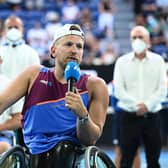 Dylan Alcott addresses the crowd after his defeat to Sam Schroder in the Australian Open quad wheelchair singles final. (Photo by Quinn Rooney/Getty Images)