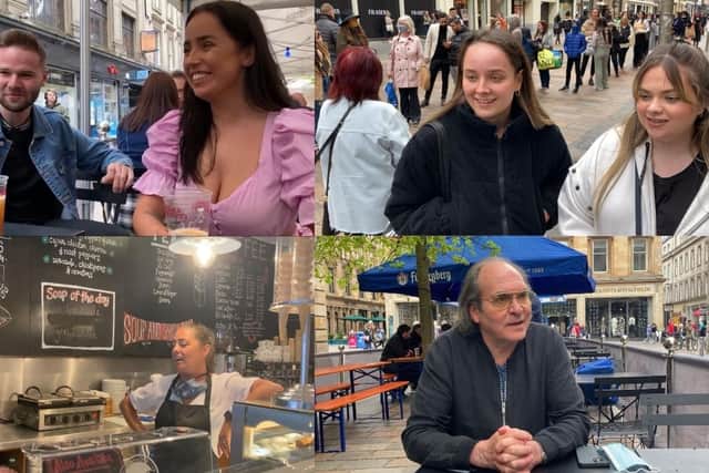 Glasgow buzzes back to life as hospitality and non essential shops re-open (Top left: Ross and birthday girl Demi enjoying a pint. Top right: shoppers Caitlin Miller and Emma Stewart. Bottom left: Louise O'Malley and Roshelle McGoldrick from Spill the Beans. Bottom right: Bier Halle owner Colin Barr).