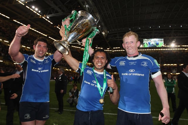 Nathan Hines, left, celebrates with Leinster team-mates Isa Nacewa and Leo Cullen after the Irish club's 33-22 victory over Northampton Saints in the 2011 Heineken Cup final in Cardiff. Hines was capped 77 times by Scotland and was later assistant coach to Vern Cotter with the national side.