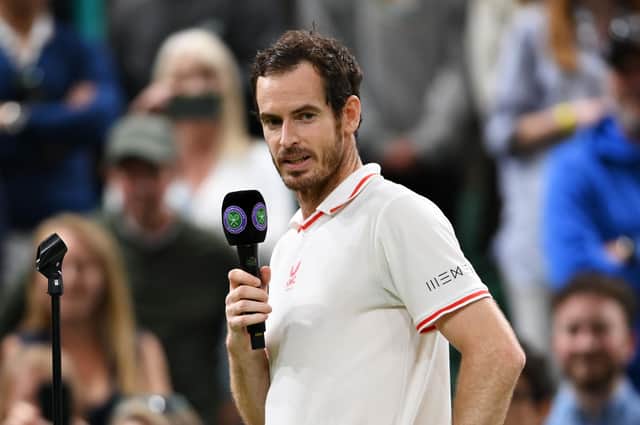 Andy Murray addresses the crowd at Wimbledon after defeating Oscar Otte.
