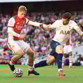 Emile Smith Rowe of Arsenal takes on Pierre-Emile Hojbjerg of Tottenham during last meeting between the sides at the Emirates Stadium in September. (Photo by David Price/Arsenal FC via Getty Images)