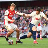 Emile Smith Rowe of Arsenal takes on Pierre-Emile Hojbjerg of Tottenham during last meeting between the sides at the Emirates Stadium in September. (Photo by David Price/Arsenal FC via Getty Images)