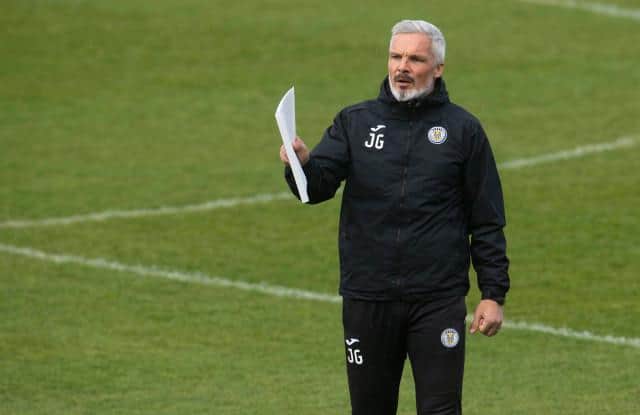St Mirren manager Jim Goodwin makes his point during a training session on Friday ahead of Sunday's Scottish Cup semi-final against St Johnstone at Hampden. (Photo by Craig Foy / SNS Group)