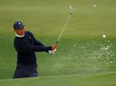Tiger Woods hits of a bunker on the practice area at Augusta National in the build up to The Masters. Picture: Andrew Redington/Getty Images.