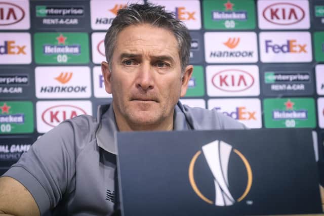 Standard Liege's head coach Philippe Montanier previewed the Rangers meeting earlier today (Photo by VIRGINIE LEFOUR/BELGA/AFP via Getty Images)