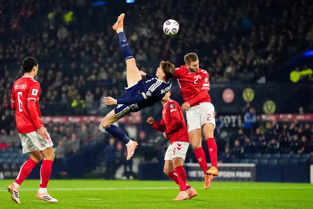Scotland's Scott McTominay scoring the opening goal during the FIFA World Cup European Qualifying match at Hampden Park, Glasgow.