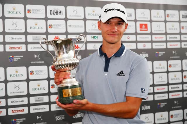 Nicolai Hojgaard of Denmark poses with the trophy after winnng the DS Automobiles Italian Open at Marco Simone Golf Club in Rome. Picture: Luke Walker/Getty Images.