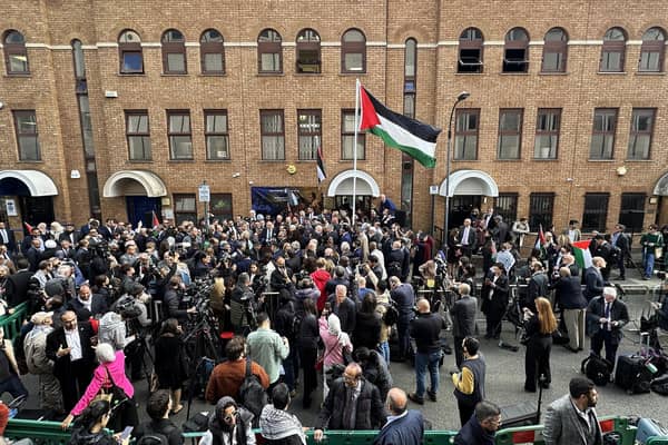 The flag of Palestine flies outside the Palestine Mission to the UK following a flag-raising ceremony in London to mark the UK's recognition of a Palestinian state (Picture: Leon Neal/Getty Images)