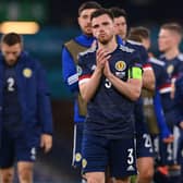 Scotland captain Andy Robertson acknowledges the home fans after the Euro 2020 finals campaign was ended by a 3-1 defeat against Croatia at Hampden on June 22, 2021. (Photo by STU FORSTER/POOL/AFP via Getty Images)