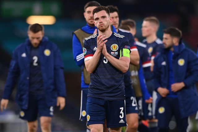 Scotland captain Andy Robertson acknowledges the home fans after the Euro 2020 finals campaign was ended by a 3-1 defeat against Croatia at Hampden on June 22, 2021. (Photo by STU FORSTER/POOL/AFP via Getty Images)