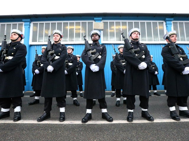 The Royal Navy's Ceremonial Guard in their final rehearsal for their duties at the Cenotaph in London, on Remembrance Sunday. They were photographed at Whale Island, Portsmouth. Picture: Chris Moorhouse   (jpns 101121-29)