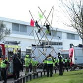 Police and fire services outside the Newsprinters printing works at Broxbourne, Hertfordshire, protesters used bamboo lock-ons and vans to block the road.
