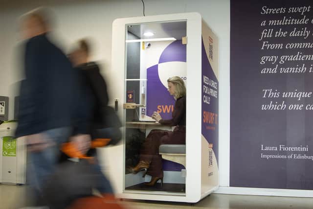 CEO and founder of Swurf Nikki Gibson takes a meeting in one of the company's newly installed pods at Edinburgh Airport.
