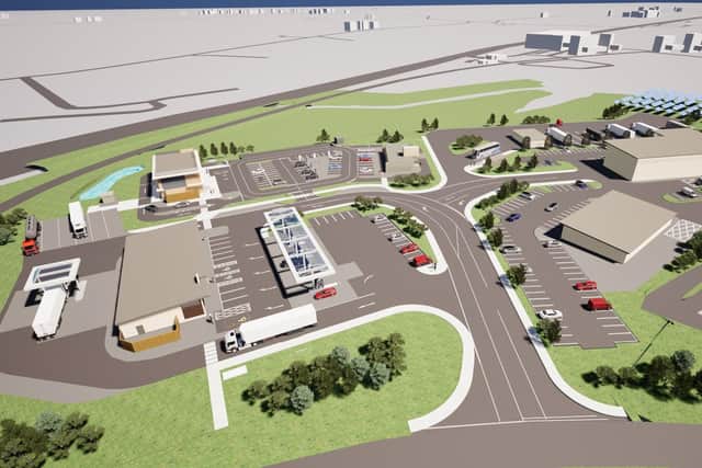 A CGI of the proposed roadside development next to the A90 outside Errol, between Perth and Dundee.